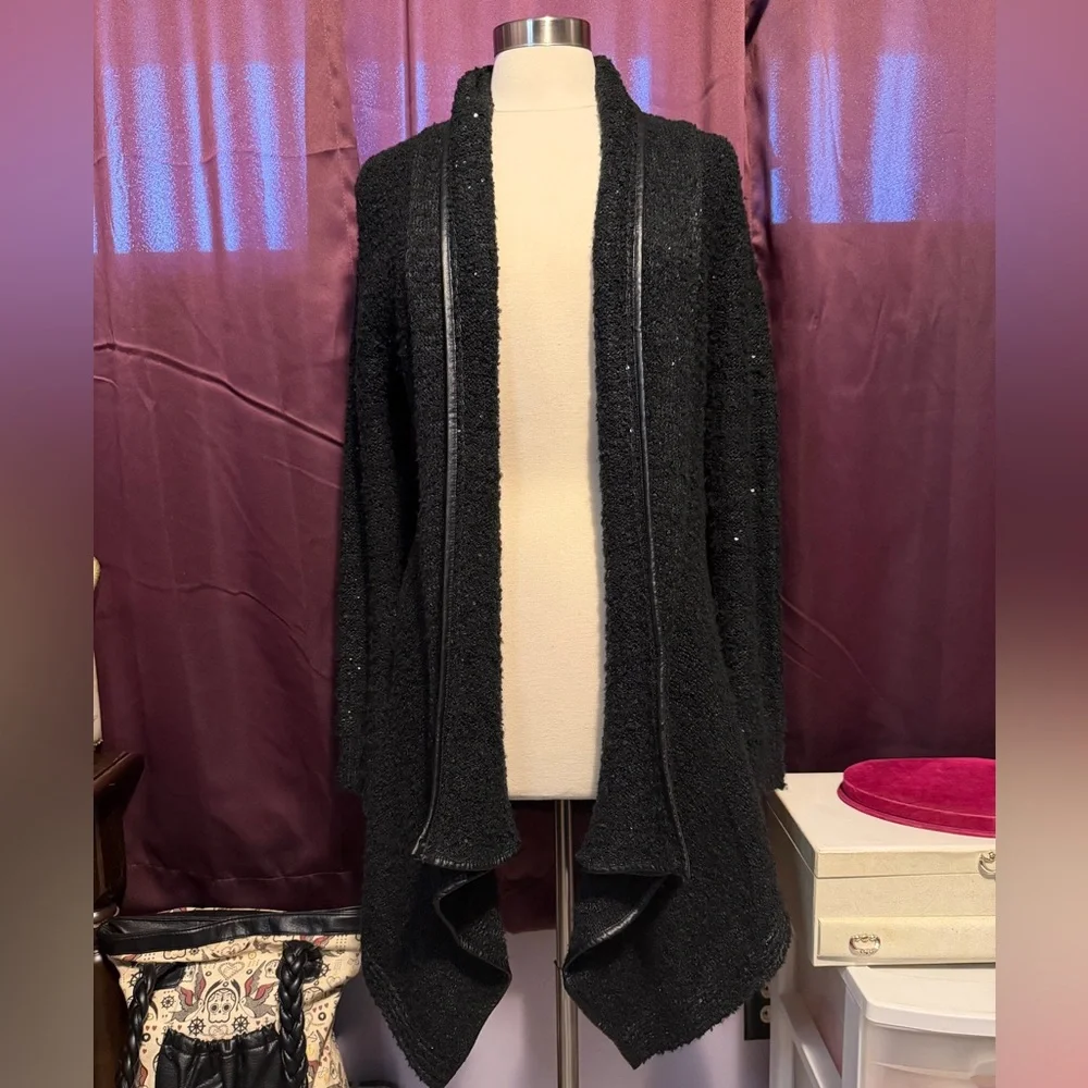 John Fashion Open Cardigan Sweater Sequin Faux Trim Black Sparkle